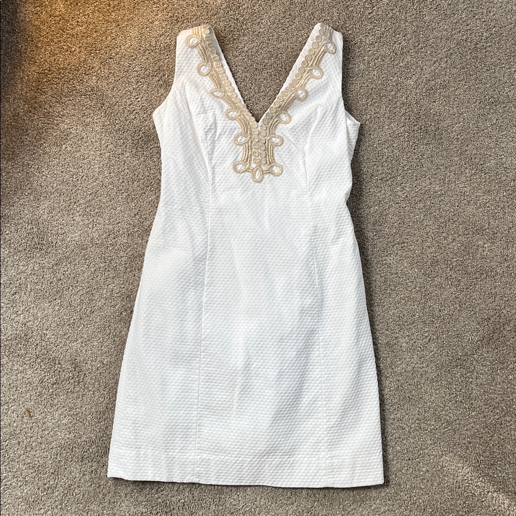 Lilly Pulitzer White Sleeveless V-Neck Dress With Gold Embroidery